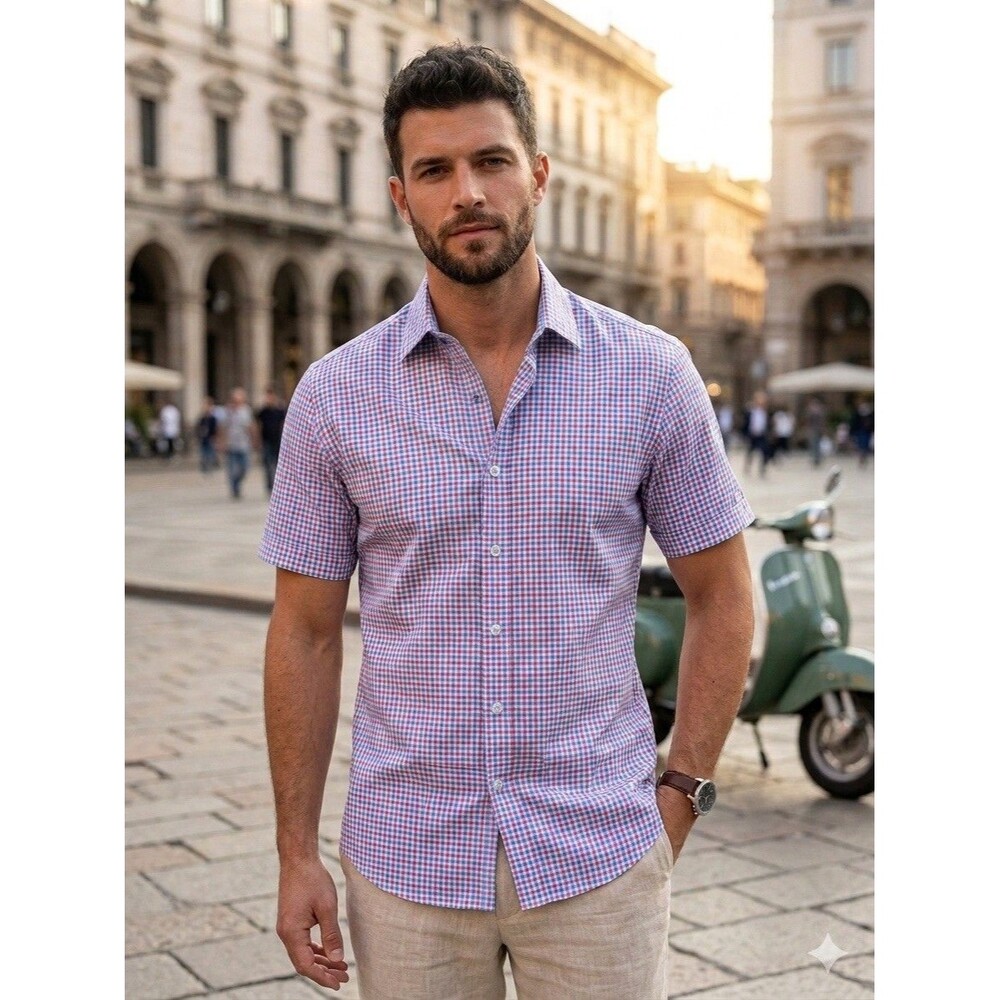 Robert Graham Makai Shirt Men XL Berry Pink Blue Plaid Short Sleeve Tailored Fit
